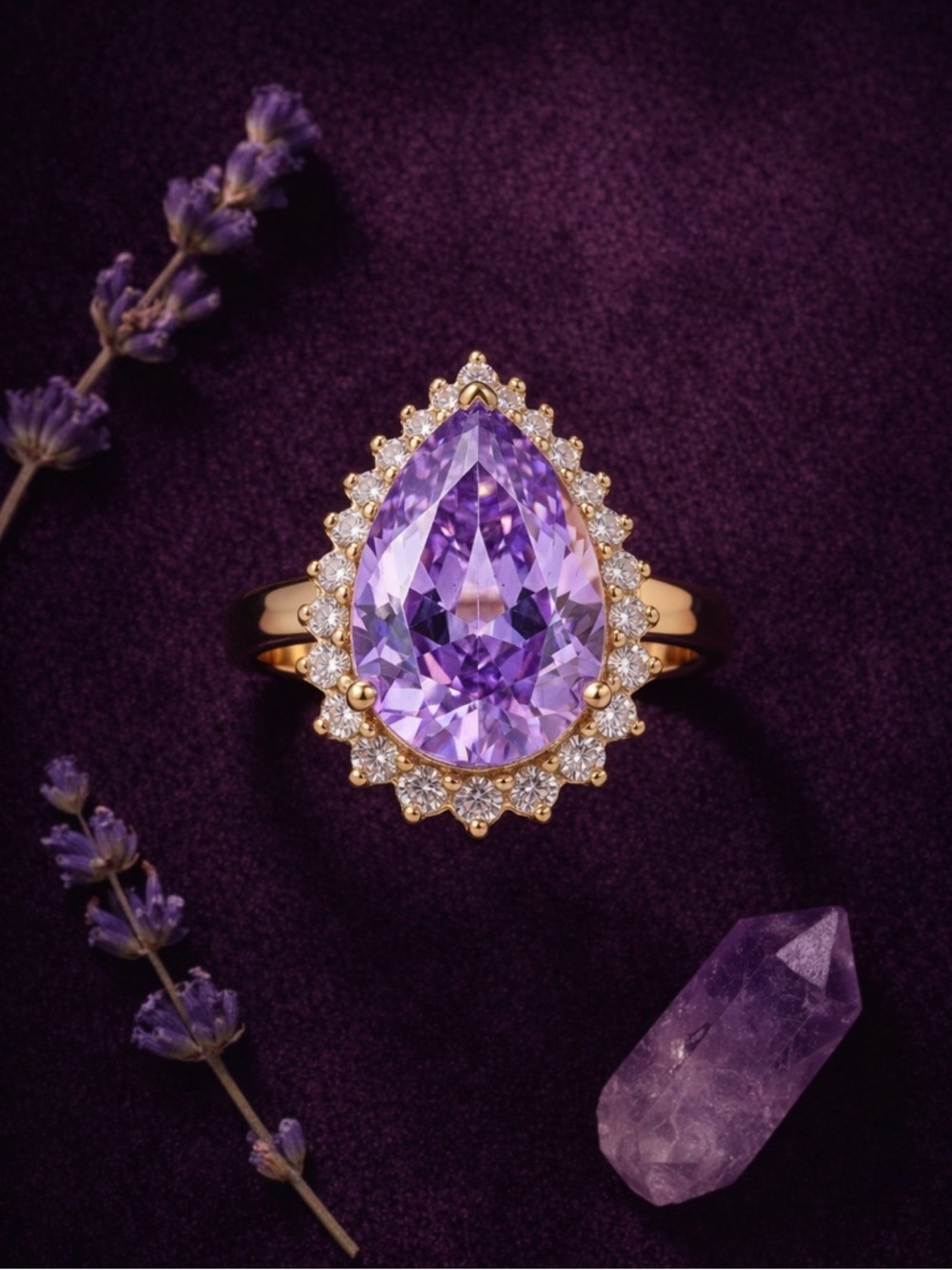 925 Gold Vermeil Diamonique DQ CZ Large Pear Halo Statement Ring Lavender Korea